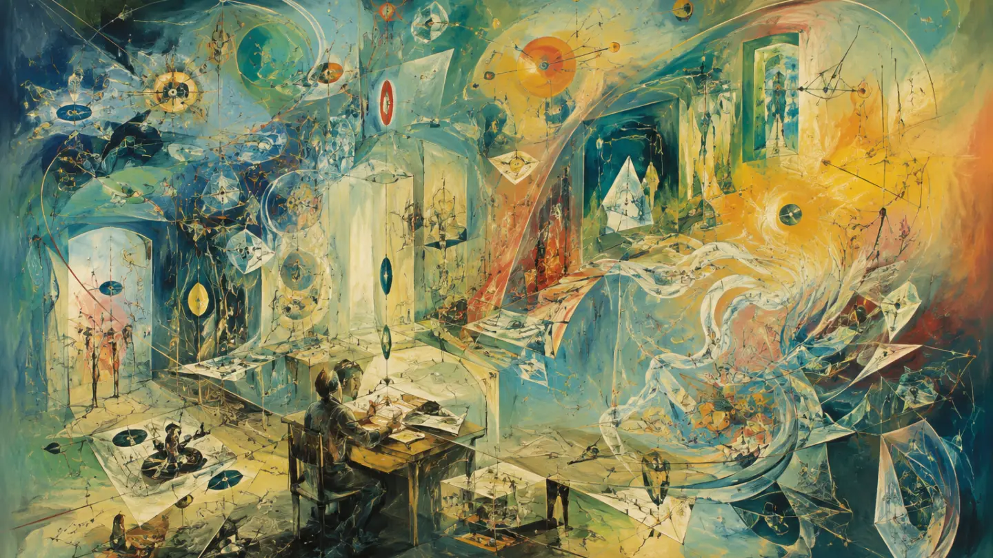 Un uomo scrive a un tavolo in una stanza che si apre in un vortice di pianeti, mappe e figure colorate