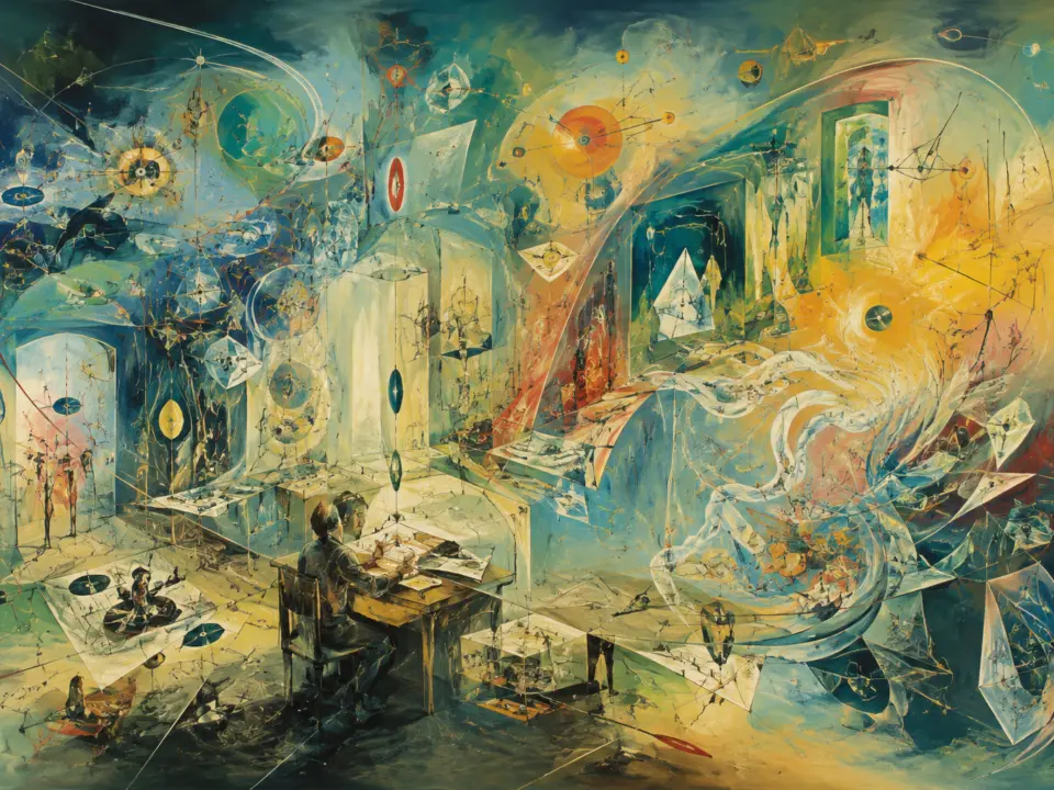 Un uomo scrive a un tavolo in una stanza che si apre in un vortice di pianeti, mappe e figure colorate