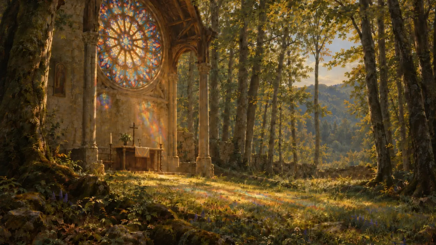 L'abside di una chiesa con un grande rosone colorato, in piedi dentro un bosco illuminato dal sole del mattino