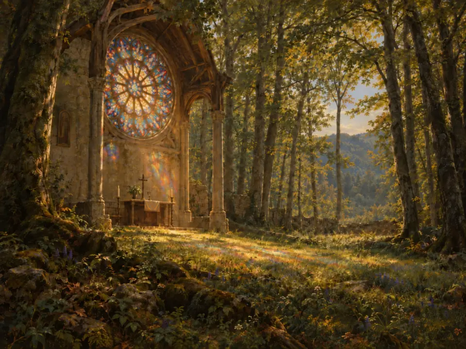 L'abside di una chiesa con un grande rosone colorato, in piedi dentro un bosco illuminato dal sole del mattino