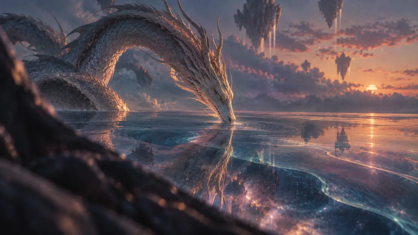 Un drago bianco emerge da un mare ghiacciato al tramonto, tra isole sospese fra le nuvole
