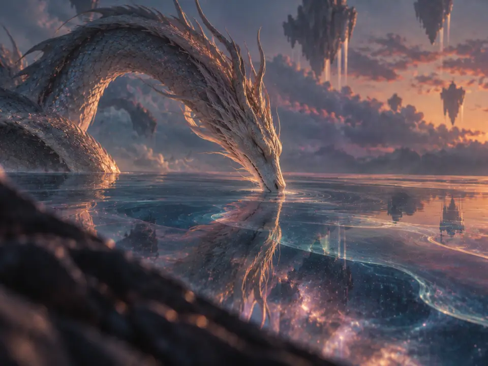 Un drago bianco emerge da un mare ghiacciato al tramonto, tra isole sospese fra le nuvole