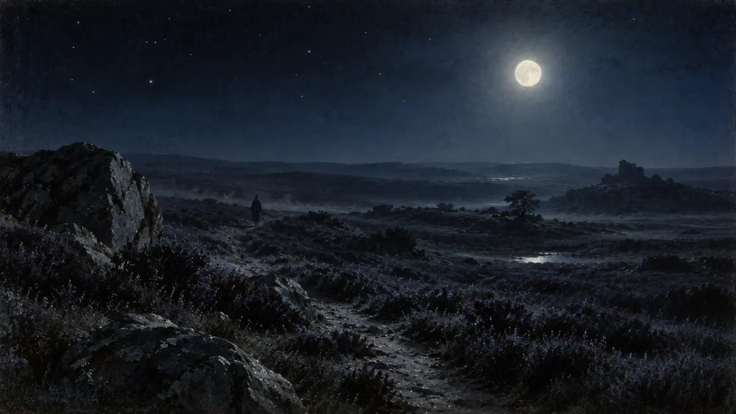 Una brughiera di notte illuminata dalla luna piena, con un sentiero fra le rocce e le luci lontane di un paese