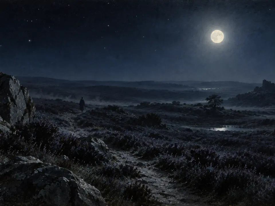 Una brughiera di notte illuminata dalla luna piena, con un sentiero fra le rocce e le luci lontane di un paese