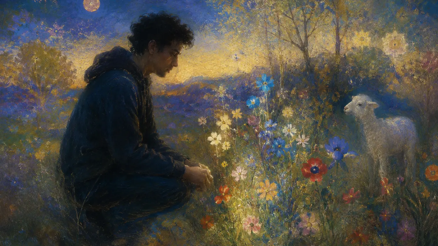 Un uomo inginocchiato in un prato fiorito al crepuscolo, accanto a un agnello bianco, sotto un cielo di stelle