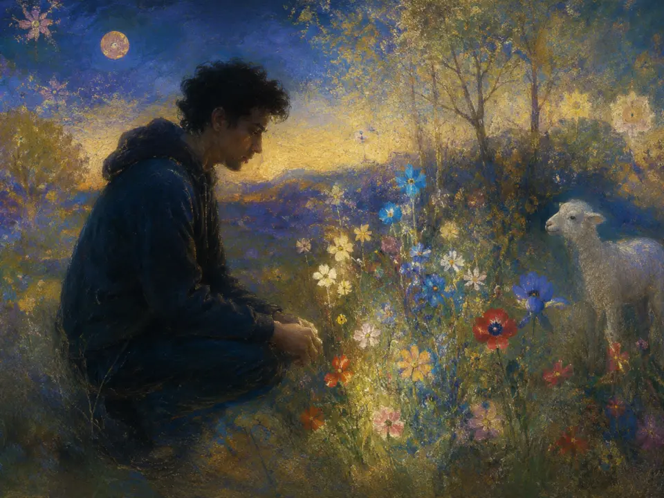 Un uomo inginocchiato in un prato fiorito al crepuscolo, accanto a un agnello bianco, sotto un cielo di stelle