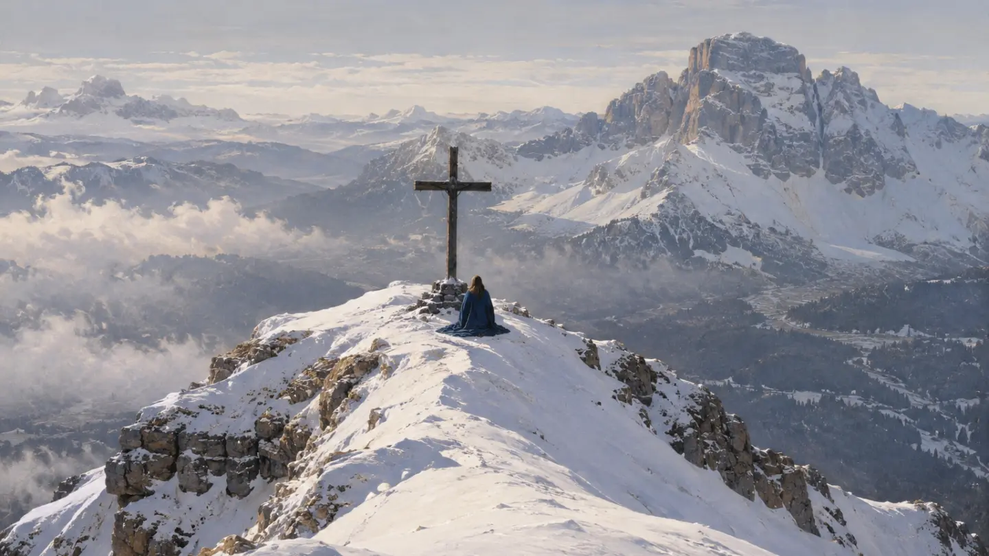 Una donna con il mantello blu, seduta ai piedi di una croce di legno sulla cima innevata di una montagna, sopra il mare di nuvole