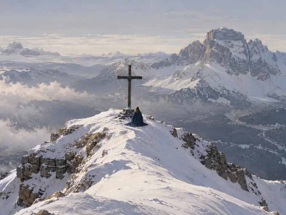 Una donna con il mantello blu, seduta ai piedi di una croce di legno sulla cima innevata di una montagna, sopra il mare di nuvole