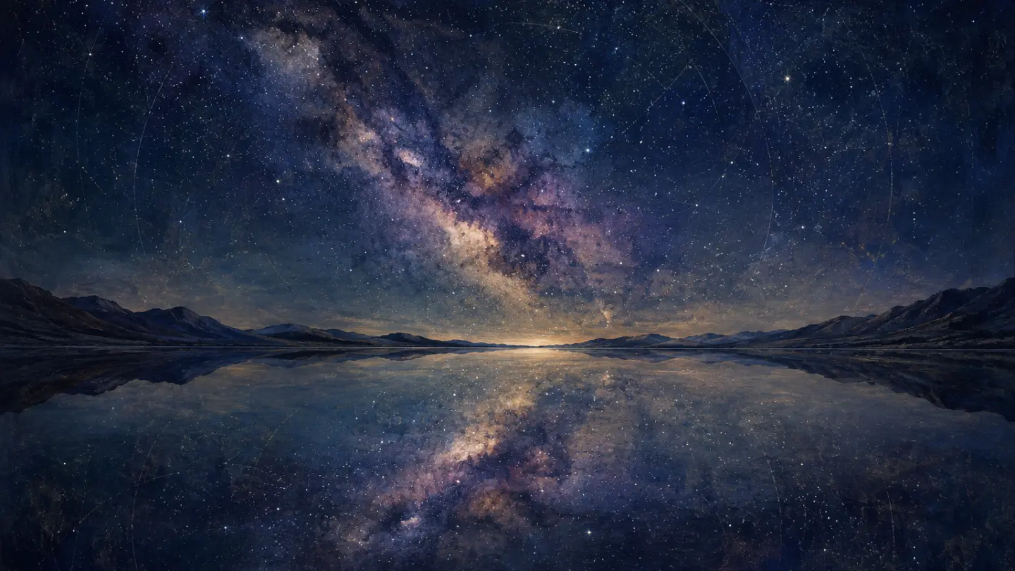 La Via Lattea sopra un lago di montagna, specchiata nell'acqua ferma