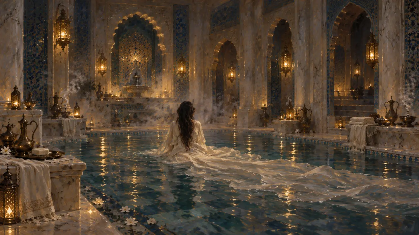 Una donna immersa fino alla vita nell'acqua di una sala termale dorata, fra archi, lanterne e mosaici