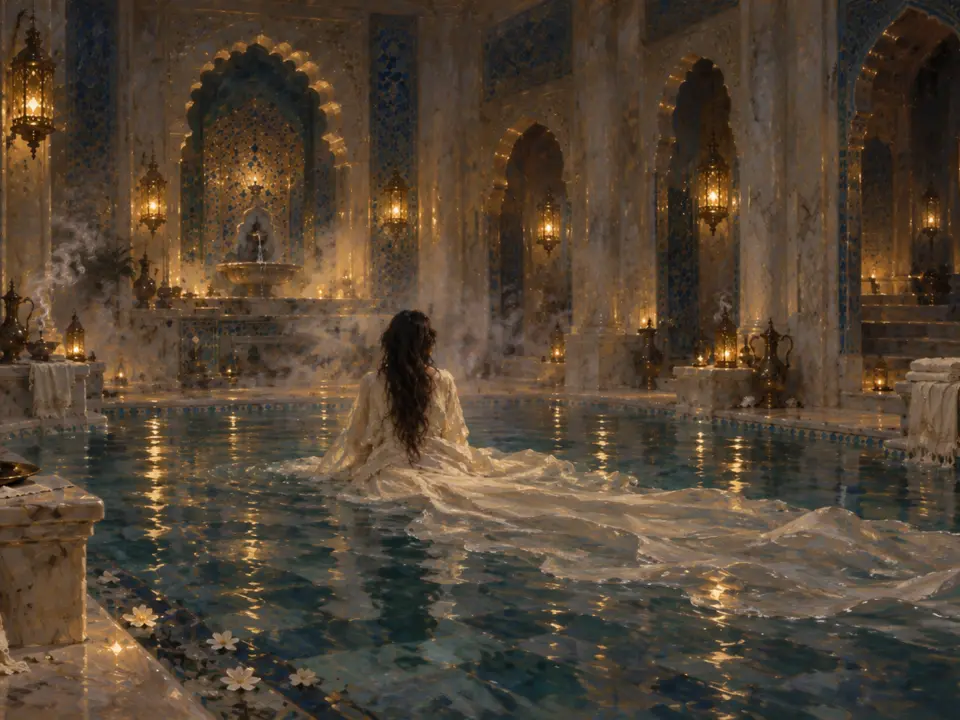 Una donna immersa fino alla vita nell'acqua di una sala termale dorata, fra archi, lanterne e mosaici