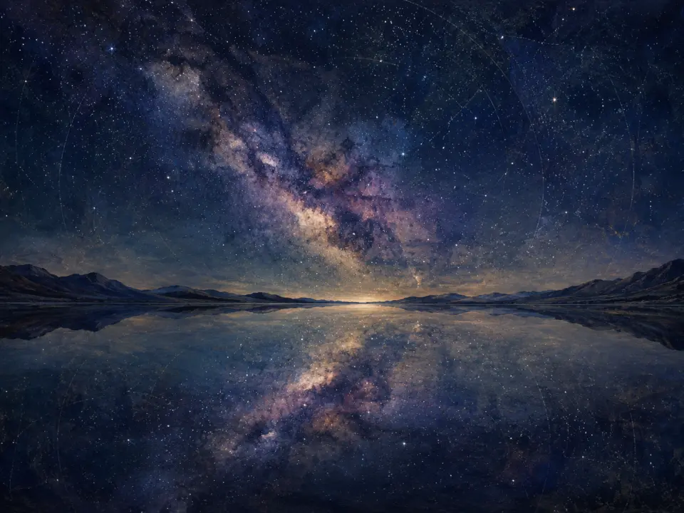 La Via Lattea sopra un lago di montagna, specchiata nell'acqua ferma